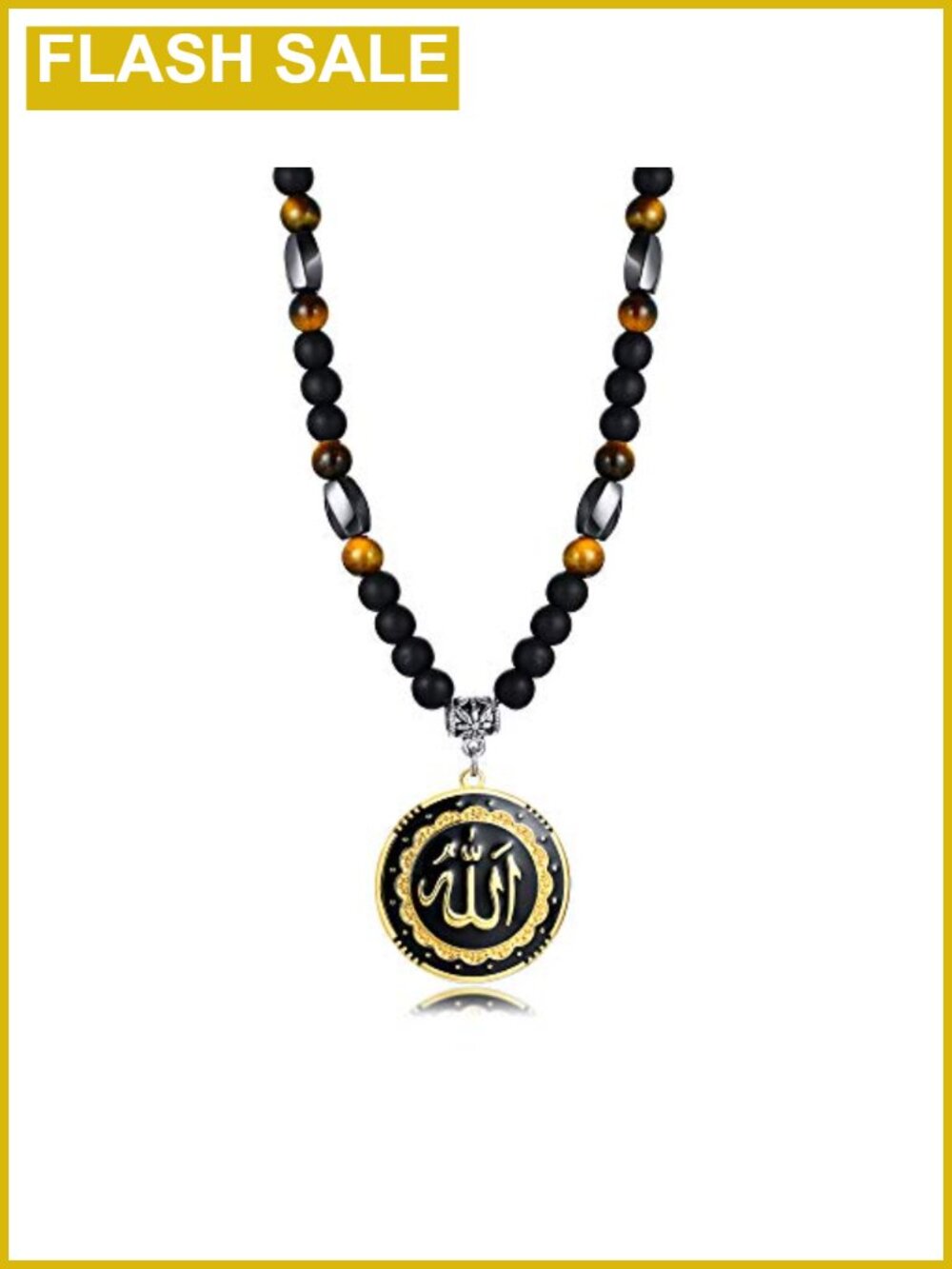 Allah Medallion Necklace Stainless Steel Islamic Arabic Pendant with Agate Bead